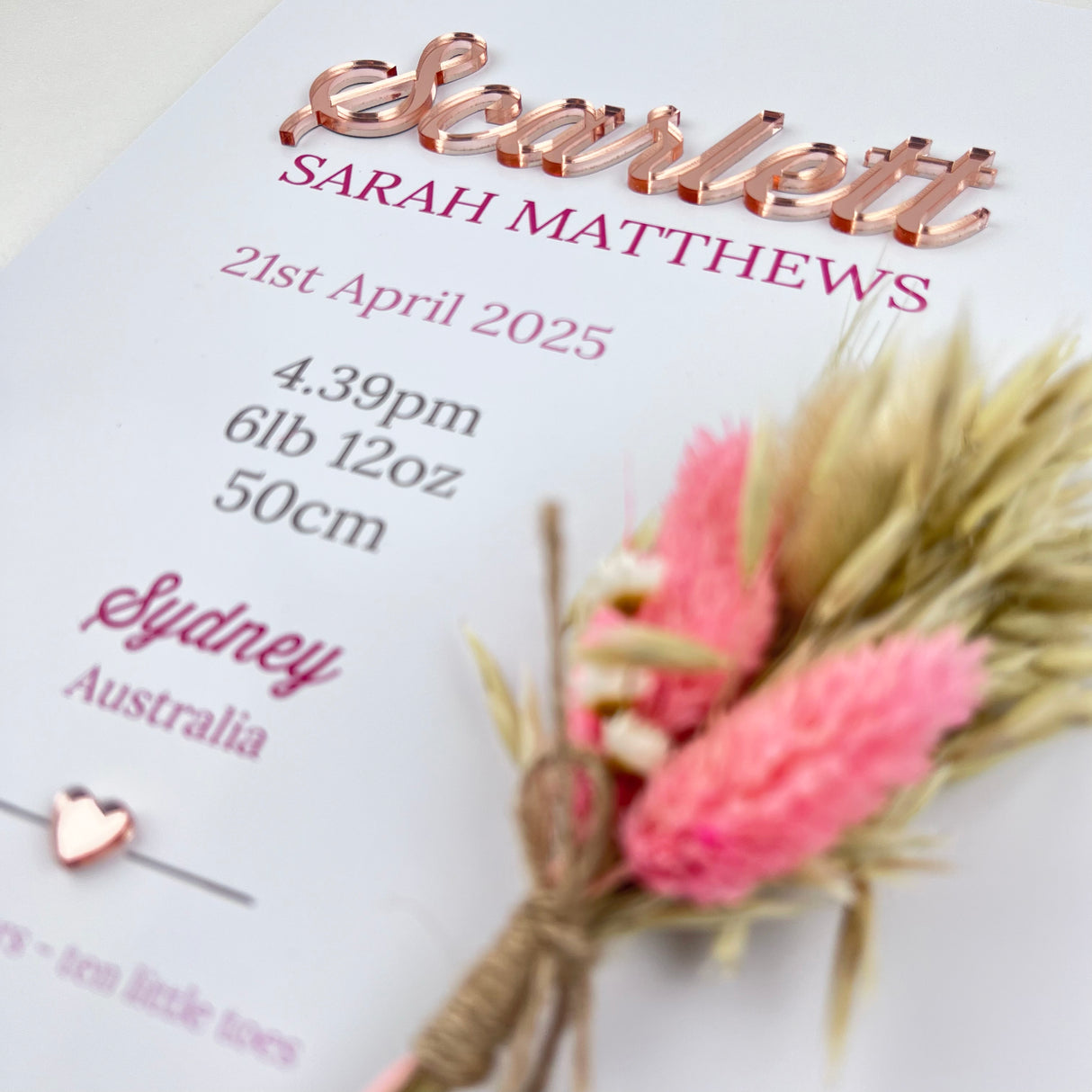 Mirror Pink/Beige Dried Flower Bouquet 3D Personalised Birth Print