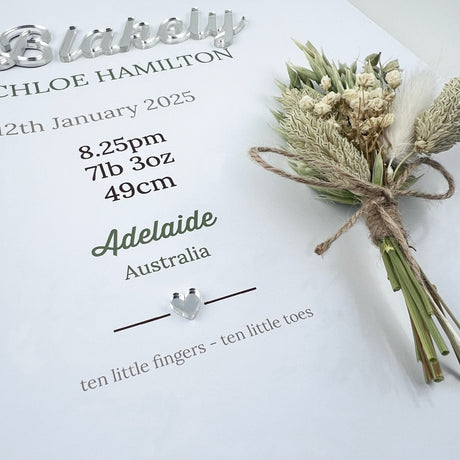Mirror White/Green Dried Flower Bouquet 3D Personalised Birth Print