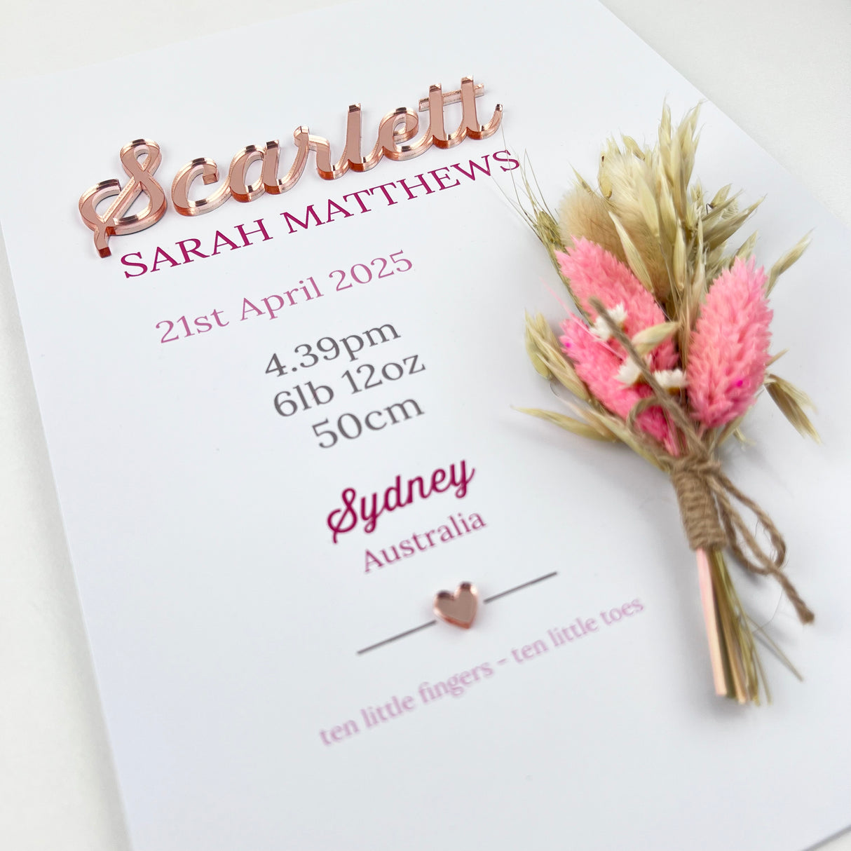 Mirror Pink/Beige Dried Flower Bouquet 3D Personalised Birth Print