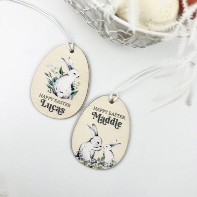 Personalised White Bunnies Wooden Easter Name Tags (2 designs)