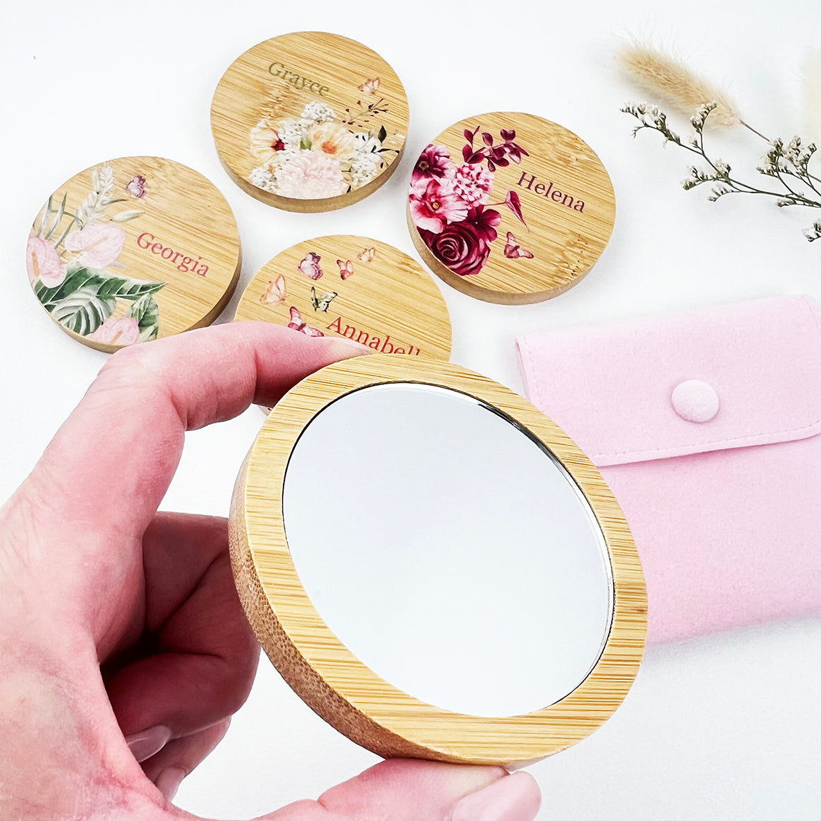 Personalised Floral Bamboo Mirror & Pouch (4 designs)