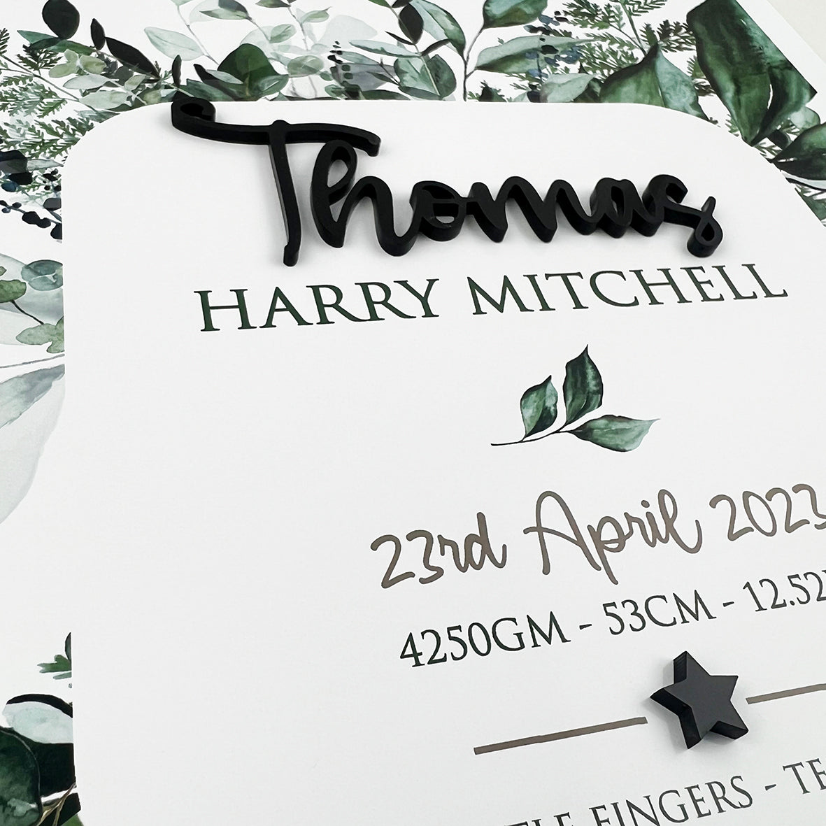 Black Acrylic Rainforest Spray 3D Personalised Birth Print