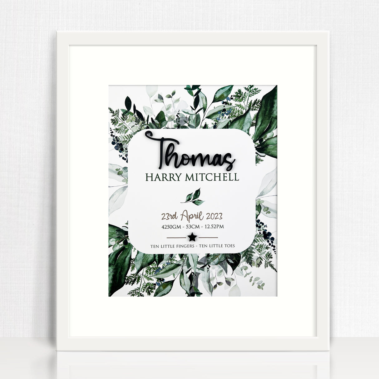 Black Acrylic Rainforest Spray 3D Personalised Birth Print