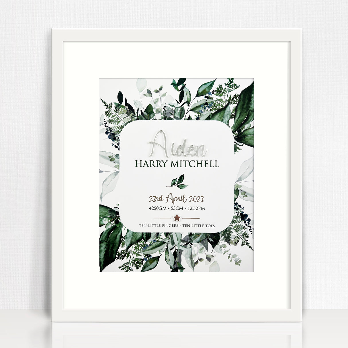 Mirror (Silver) Rainforest Spray 3D Personalised Birth Print