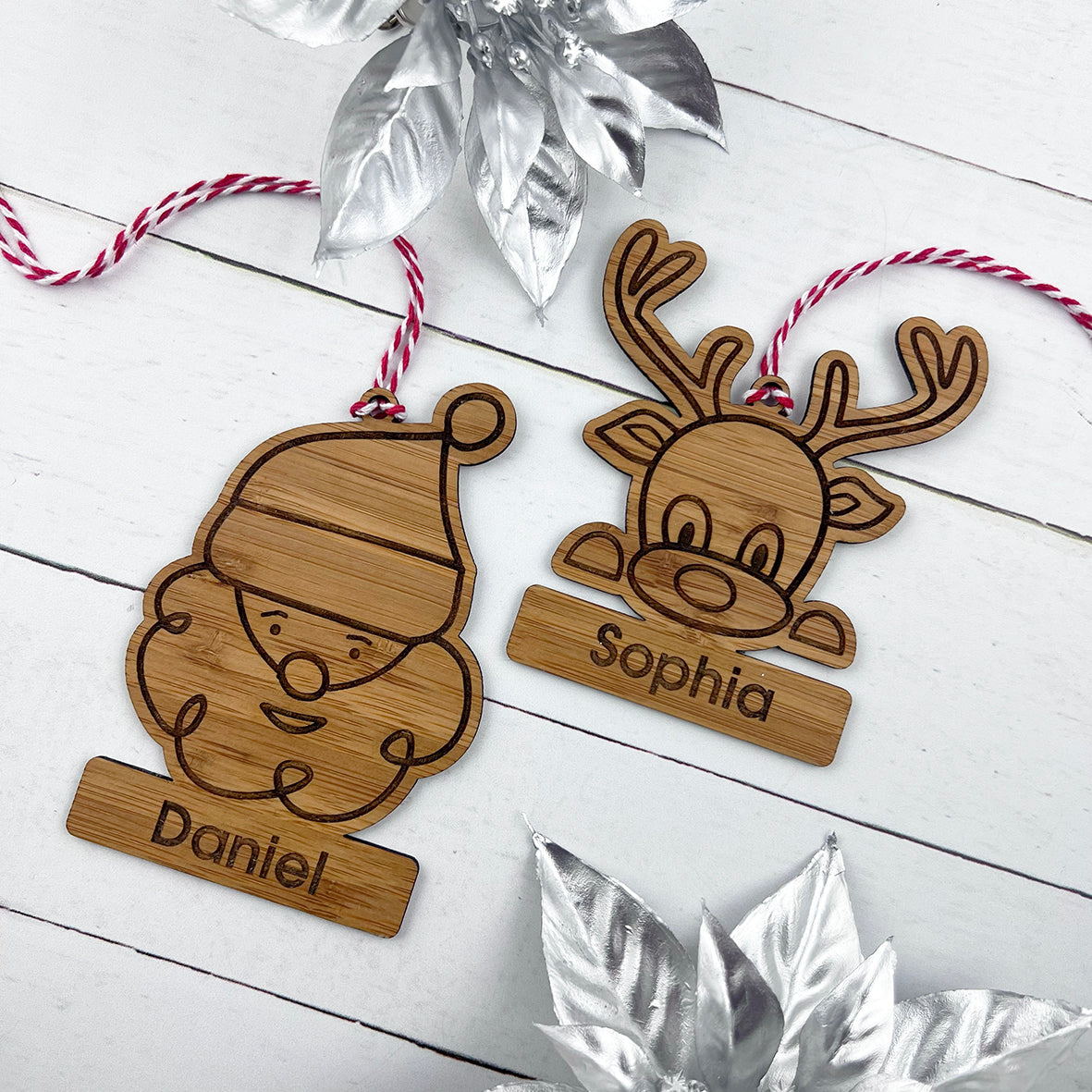 Santa & Rudolph Bamboo Name Ornaments (2 designs)