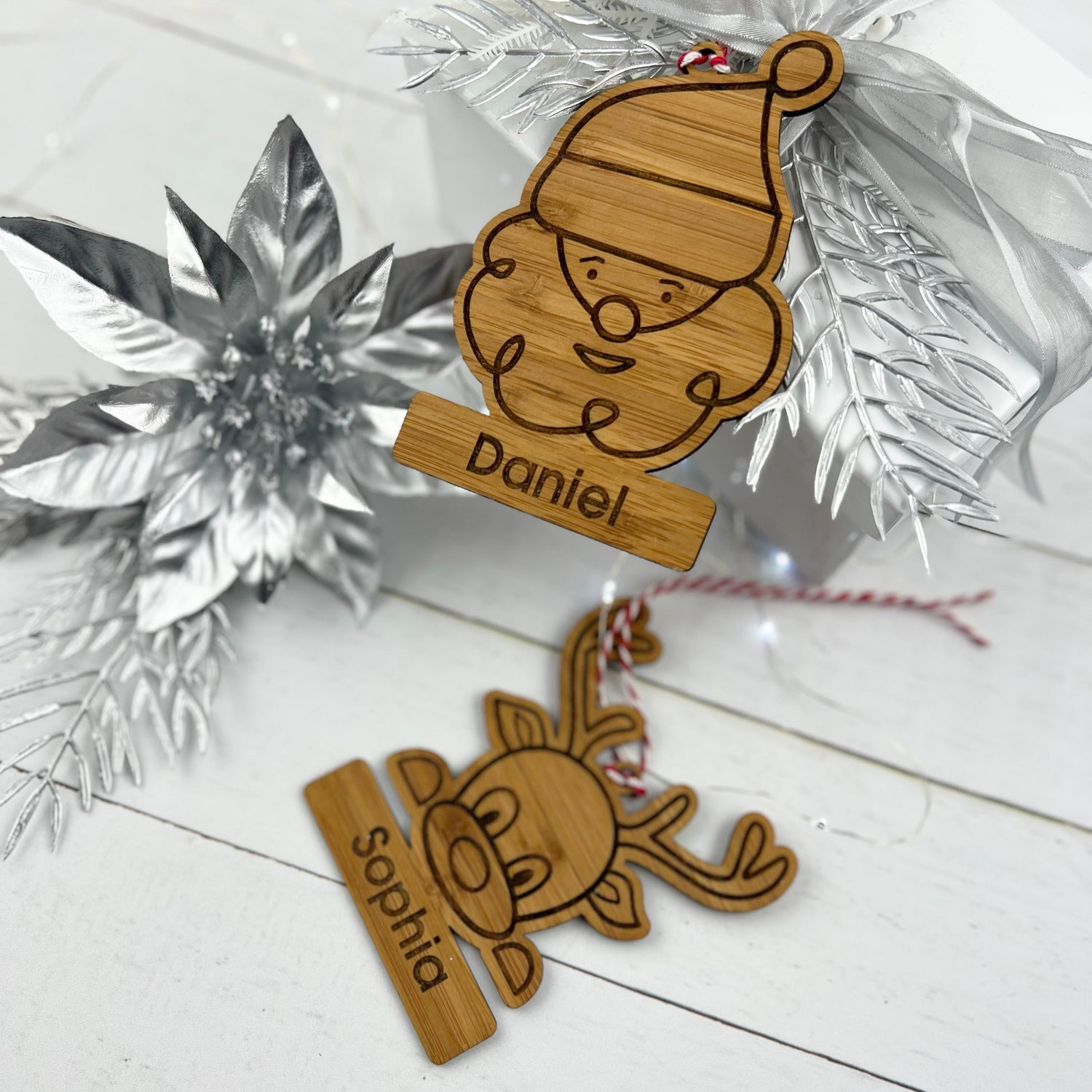 Santa & Rudolph Bamboo Name Ornaments (2 designs)