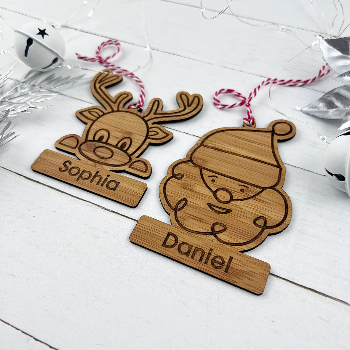 Santa & Rudolph Bamboo Name Ornaments (2 designs)