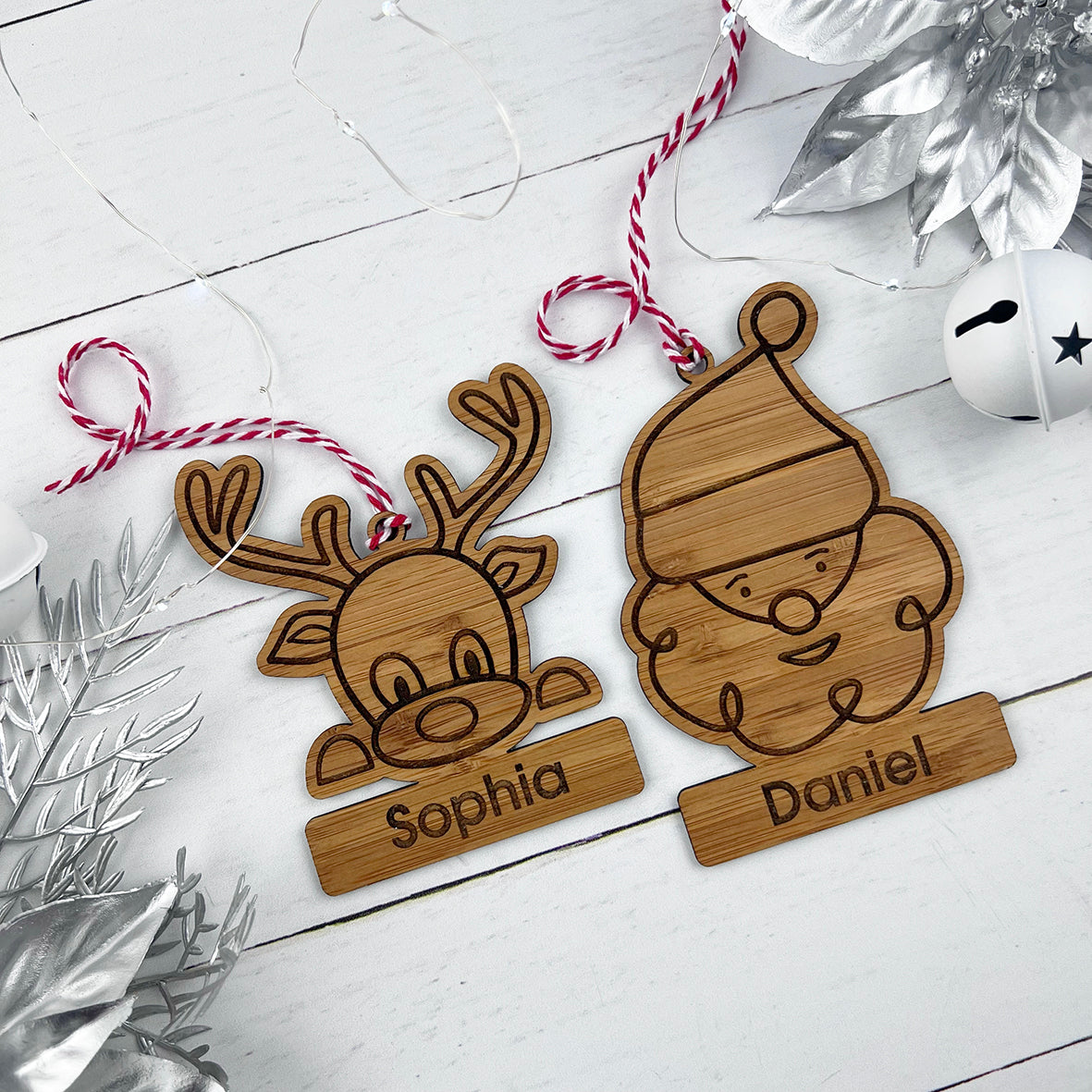 Santa & Rudolph Bamboo Name Ornaments (2 designs)