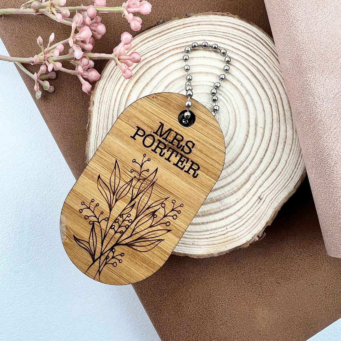 Double Sided Botanical Bamboo Keyring (2 designs)