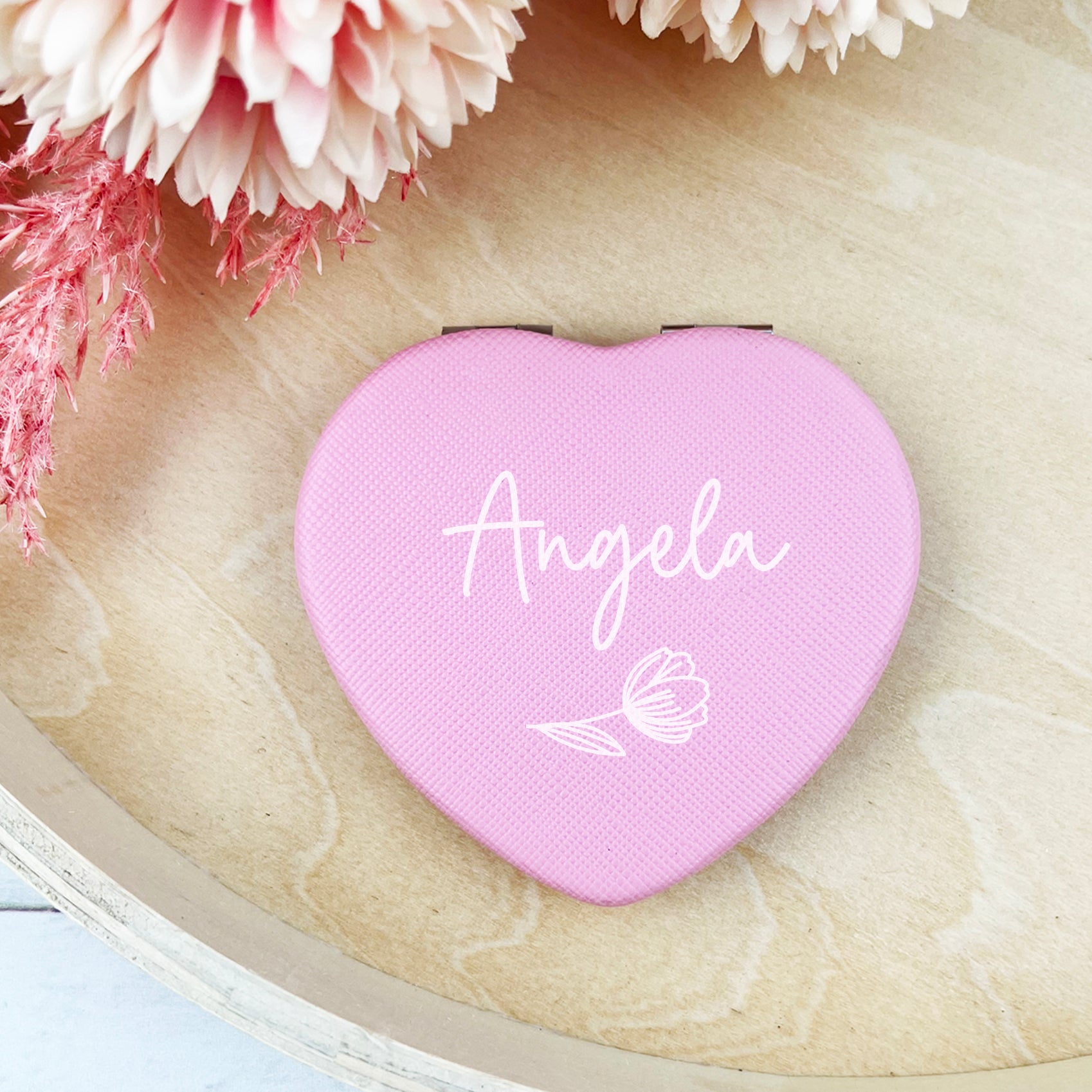 Pink Heart White Name Tulip Compact Mirror