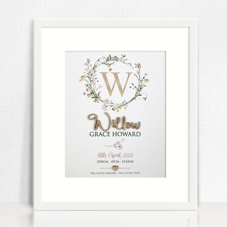 Bamboo (2 colour options) Wildflowers Wreath 3D Personalised Birth Print
