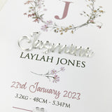 Mirror (Silver) Wildflowers Wreath 3D Personalised Birth Print