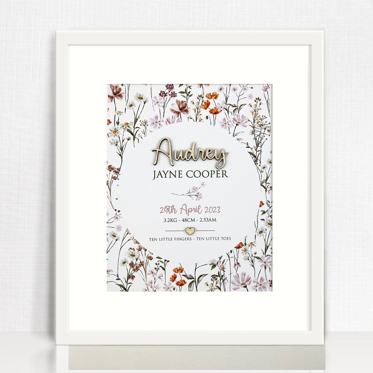 Bamboo (2 colour options) Wildflowers Pattern 3D Personalised Birth Print