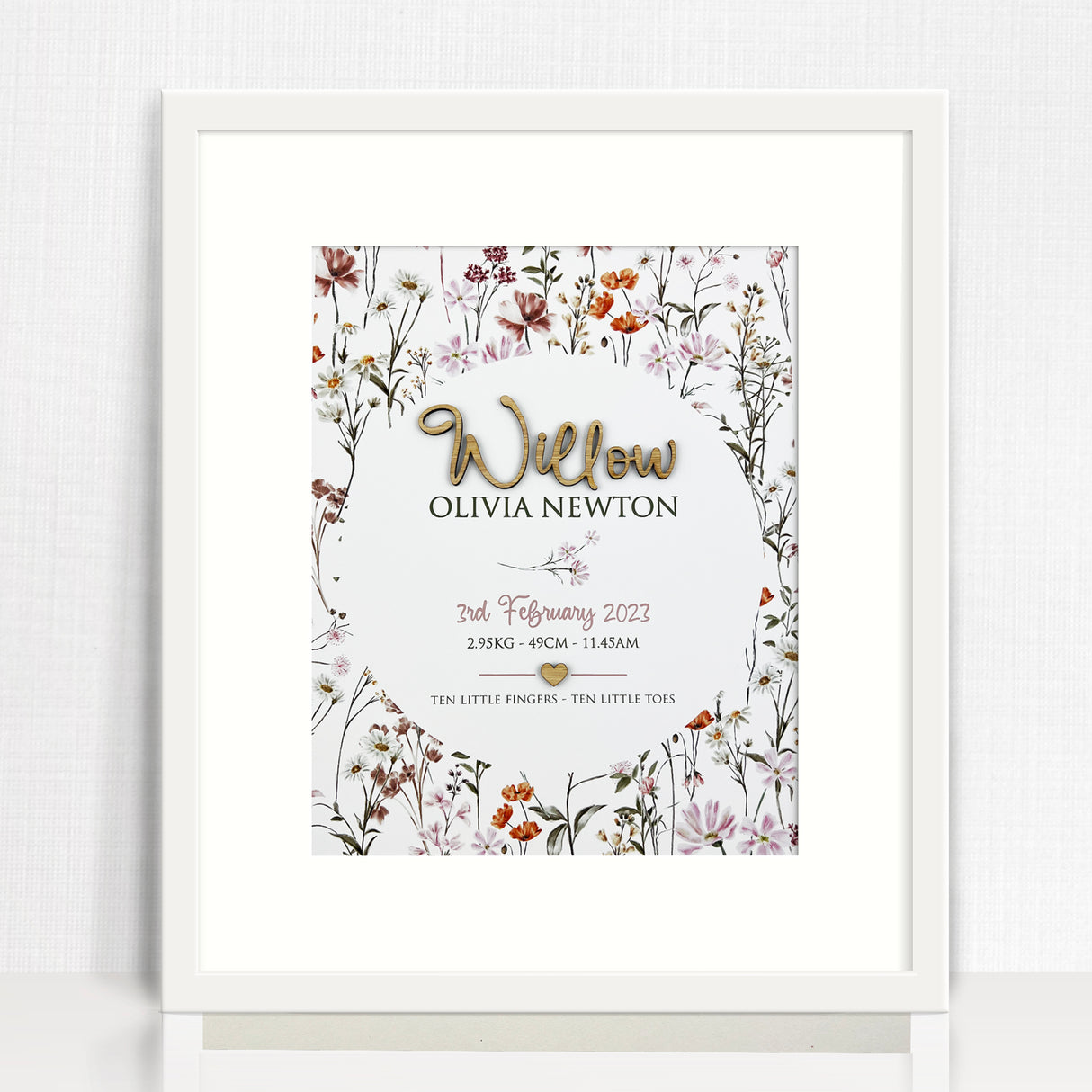 Bamboo (2 colour options) Wildflowers Pattern 3D Personalised Birth Print