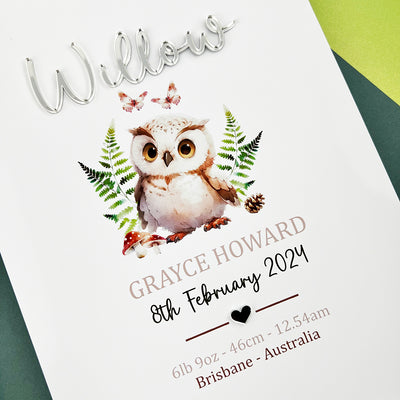 Woodland Babies Owl Birth Print (6 colours)