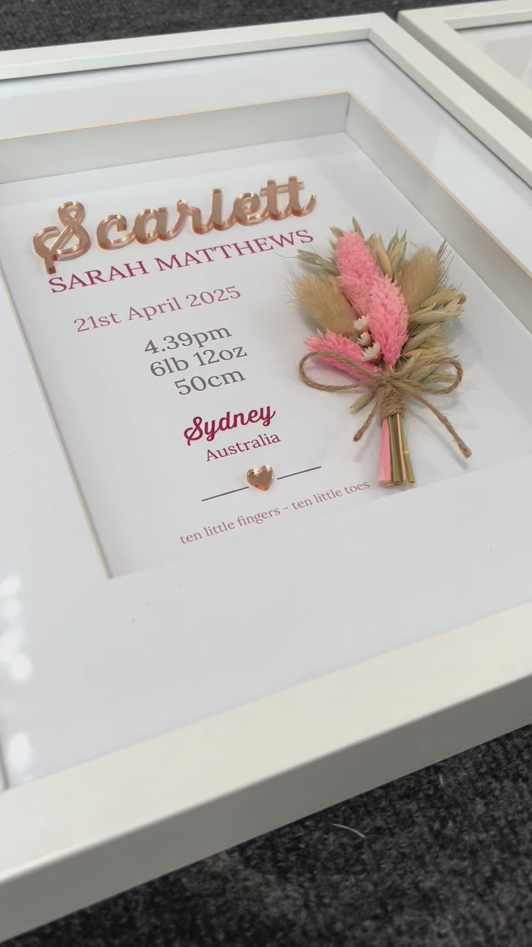 Mirror Red/Rust Dried Flower Bouquet 3D Personalised Birth Print
