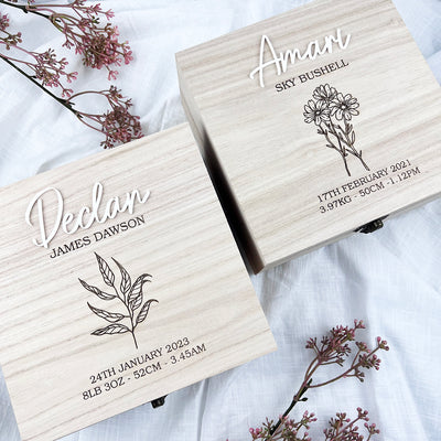 Engraved 3D Birth Details Square Keepsake Box (various designs)