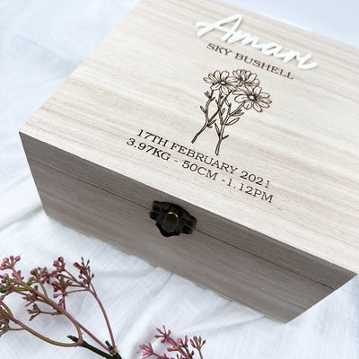 Engraved 3D Birth Details Square Keepsake Box (various designs)
