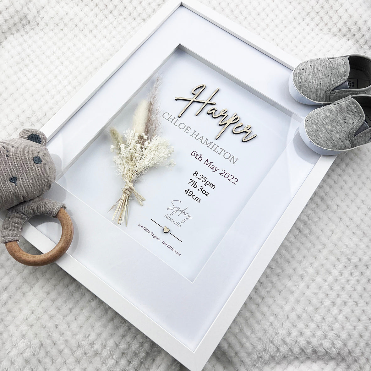 Bamboo (2 colour options) Dried Flower Bouquet 3D Personalised Birth Print