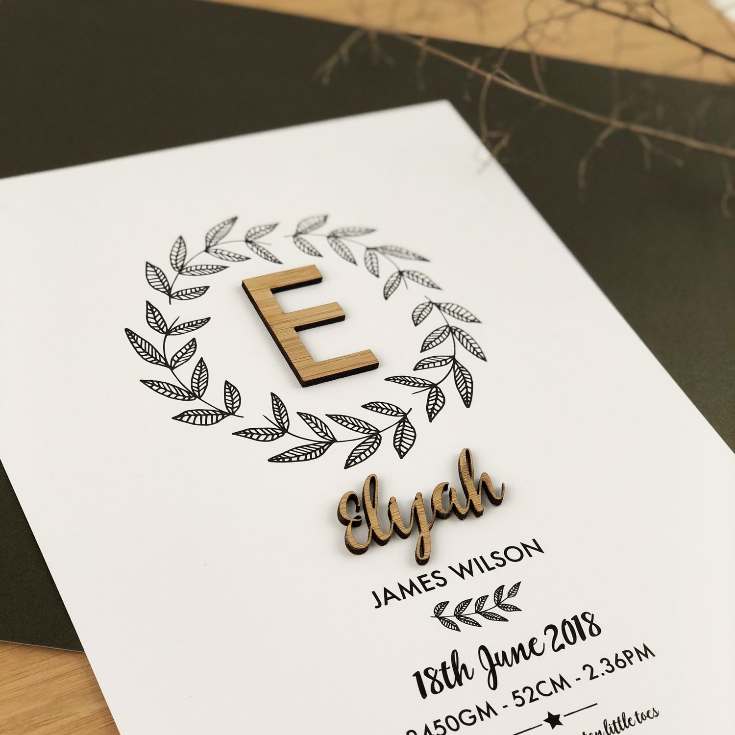 Bamboo (2 colour options) Botanical Wreath 3D Personalised Birth Print