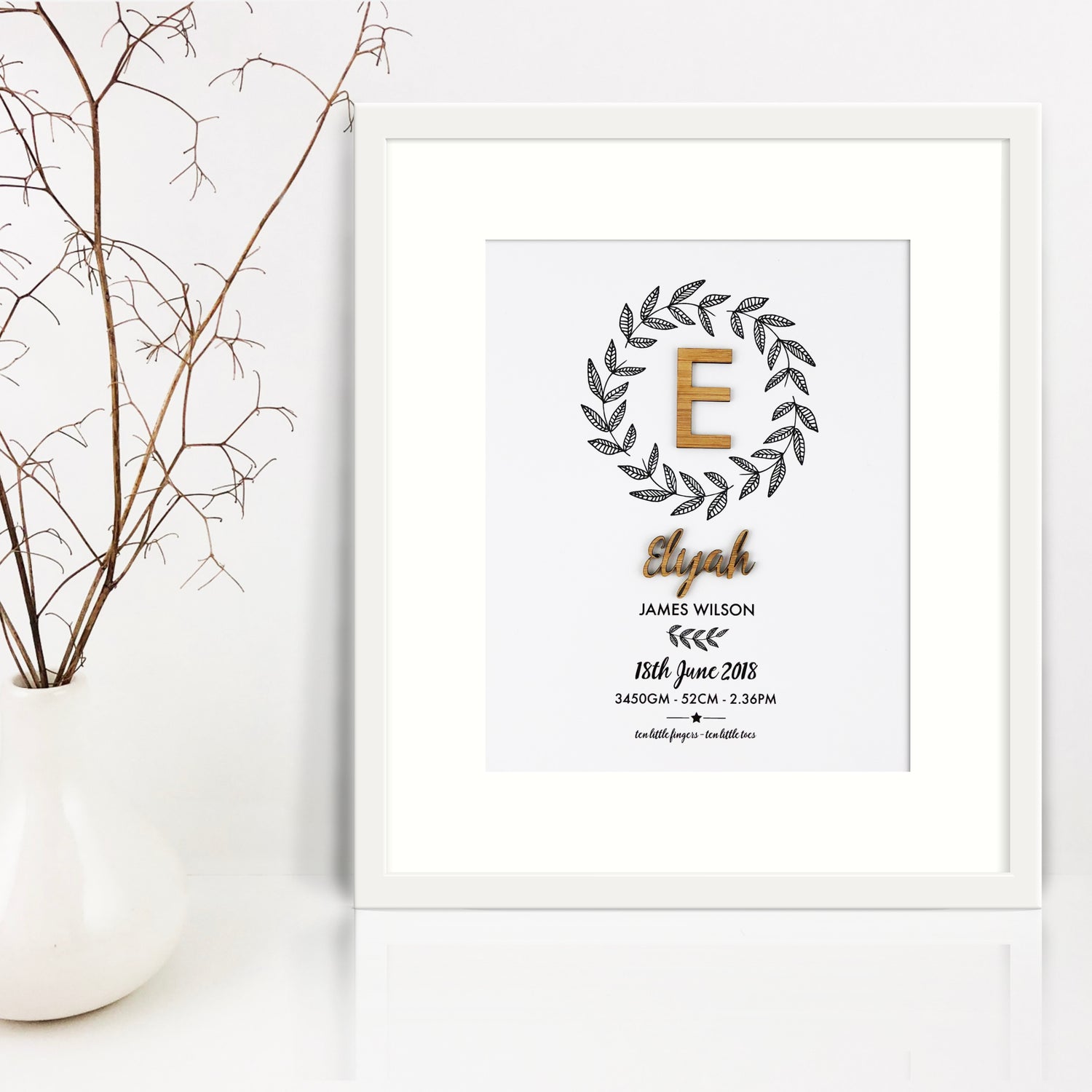 Bamboo (2 colour options) Botanical Wreath 3D Personalised Birth Print