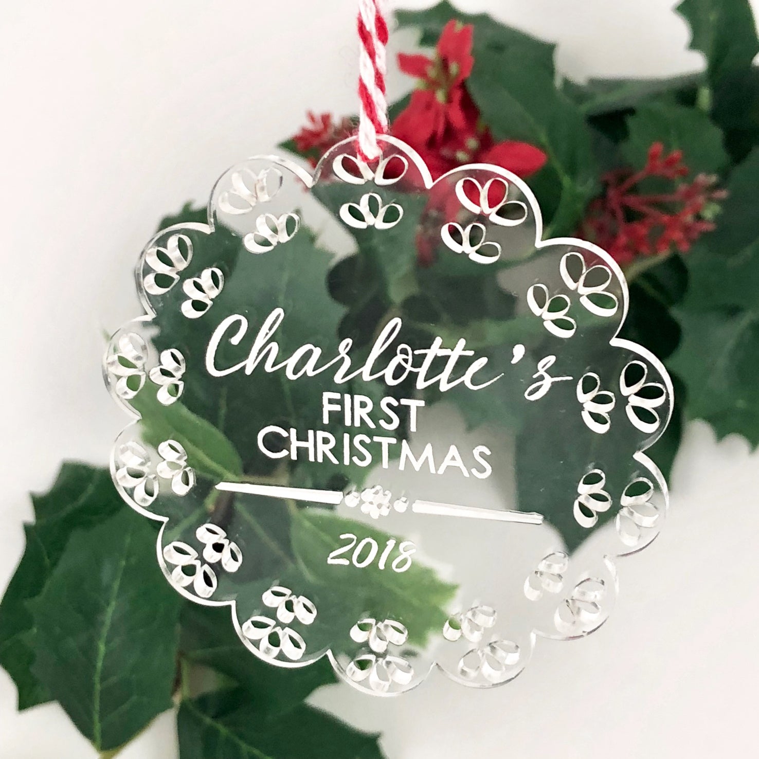 Baby's First Christmas Ornament Clear Acrylic - Lace