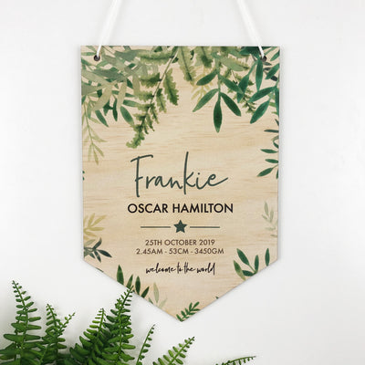 Watercolour Ferns Birth Details Wall Hanging