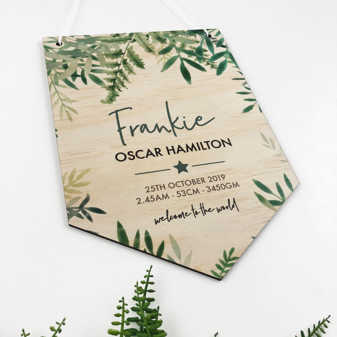 Watercolour Ferns Birth Details Wall Hanging