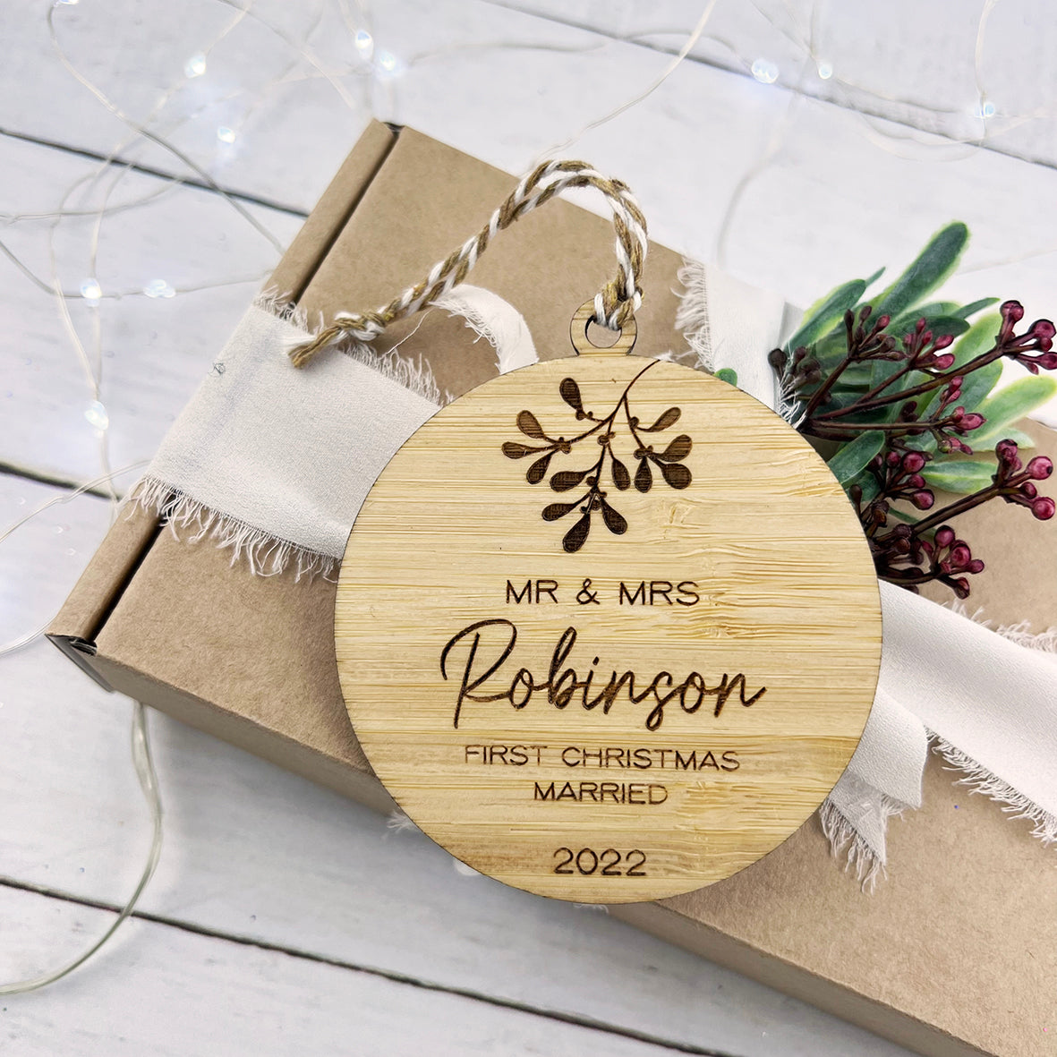 Mistletoe Couple's First Christmas Bamboo Ornament