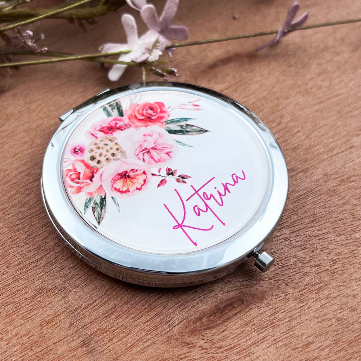 Personalised Floral Bouquet Compact Mirror (Rose Gold & Silver)