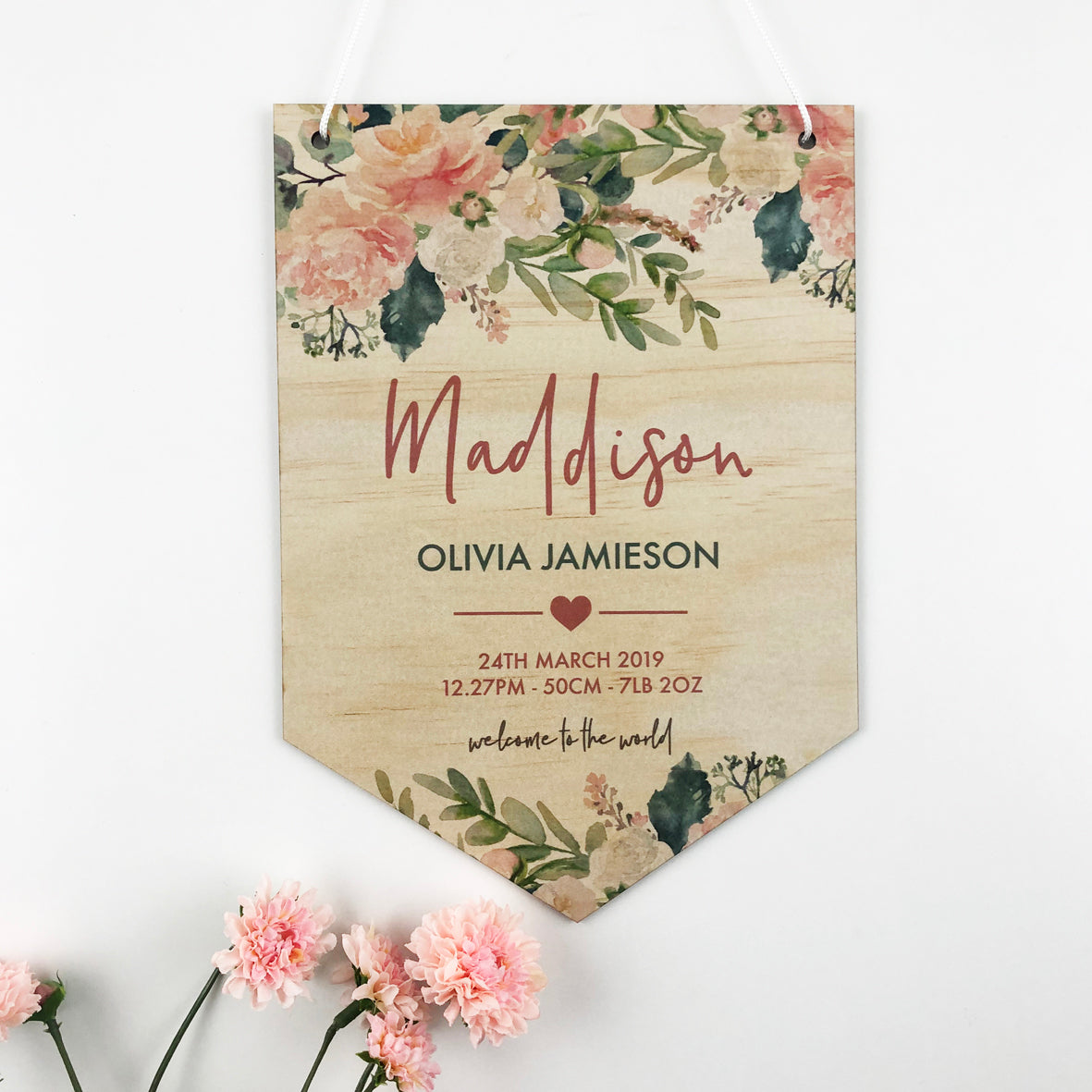 Watercolour Floral Birth Details Wall Hanging