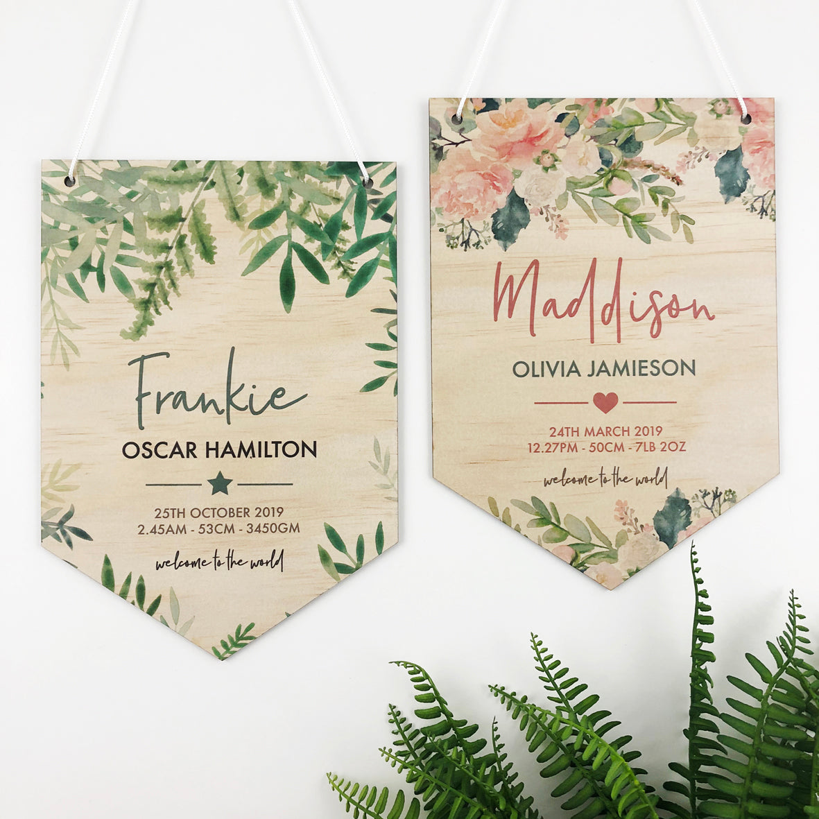 Watercolour Ferns Birth Details Wall Hanging