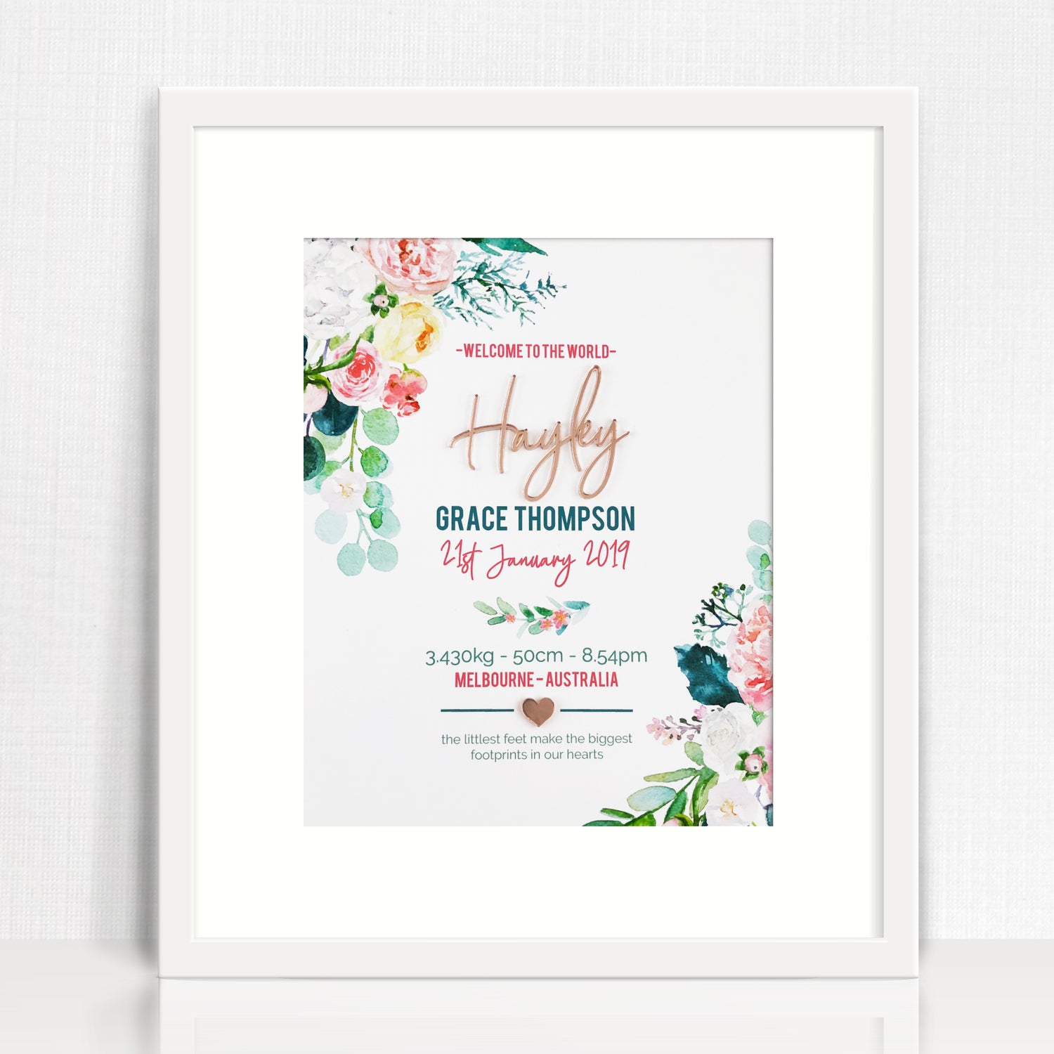 Mirror (Rose Gold) Watercolour Blooms 3D Personalised Birth Print