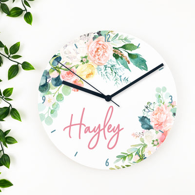 Watercolour Blooms Girls Name Clock (acrylic or wood)