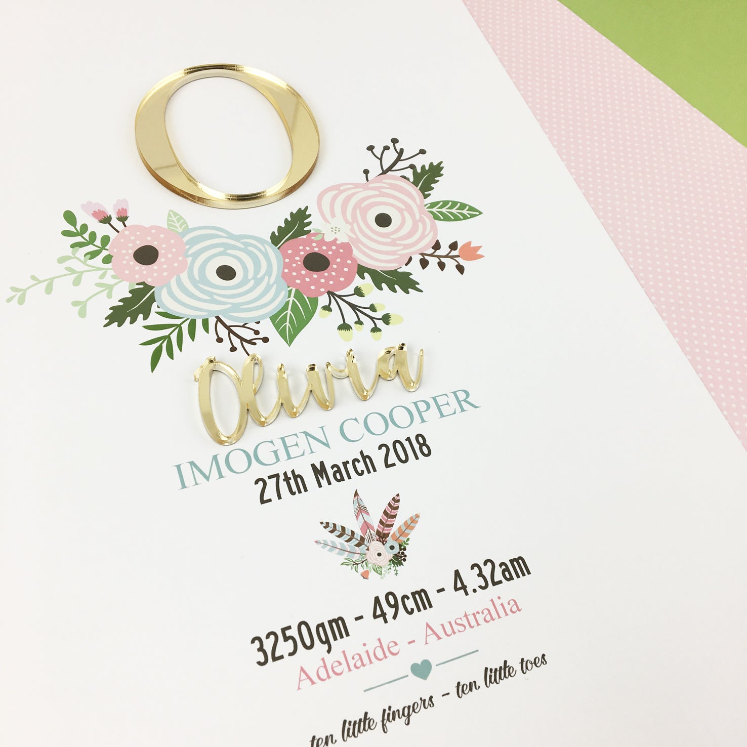 Mirror (Gold) Flowers 3D Personalised Birth Print