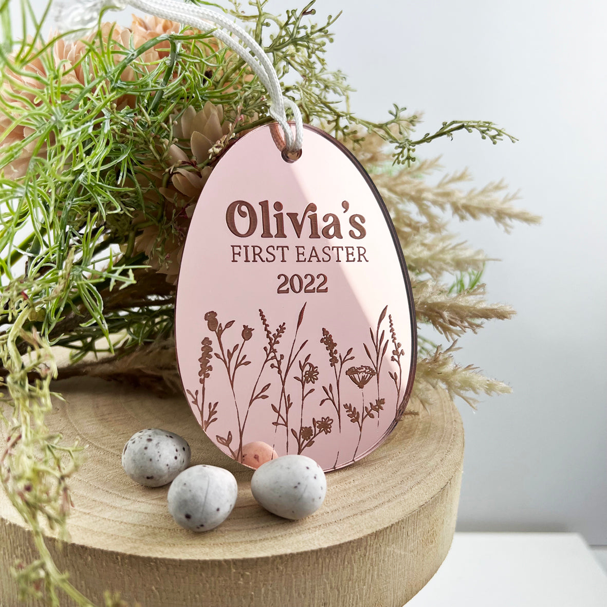 Personalised First Easter Mirror Easter Egg Tag (3 colours)