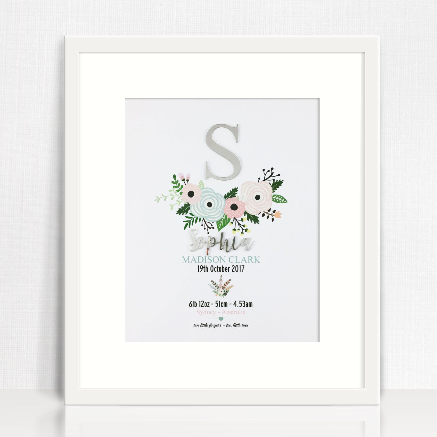 Mirror (Silver) Flowers Personalised 3D Birth Print