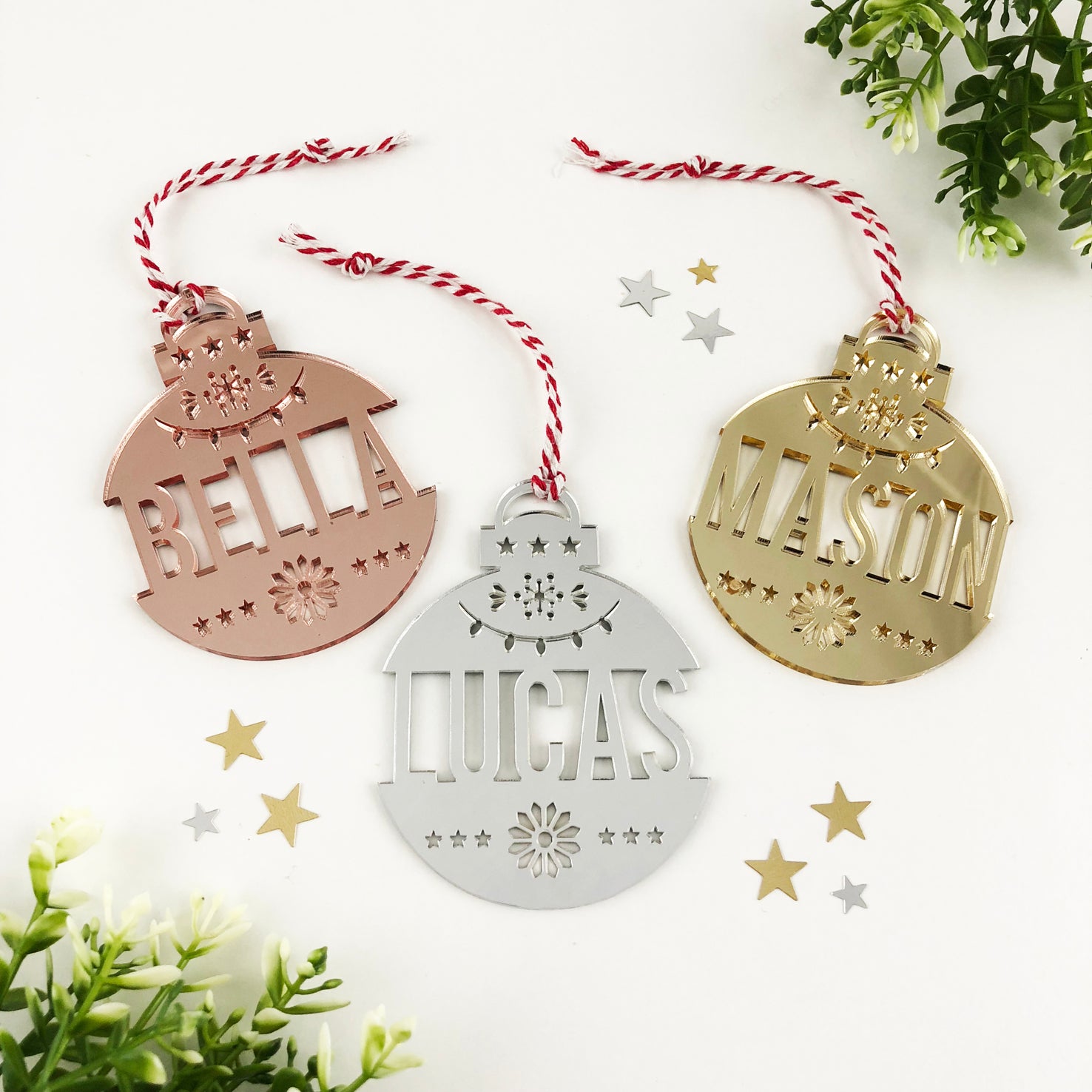 Christmas Acrylic Detailed Name Ornaments (various colours)