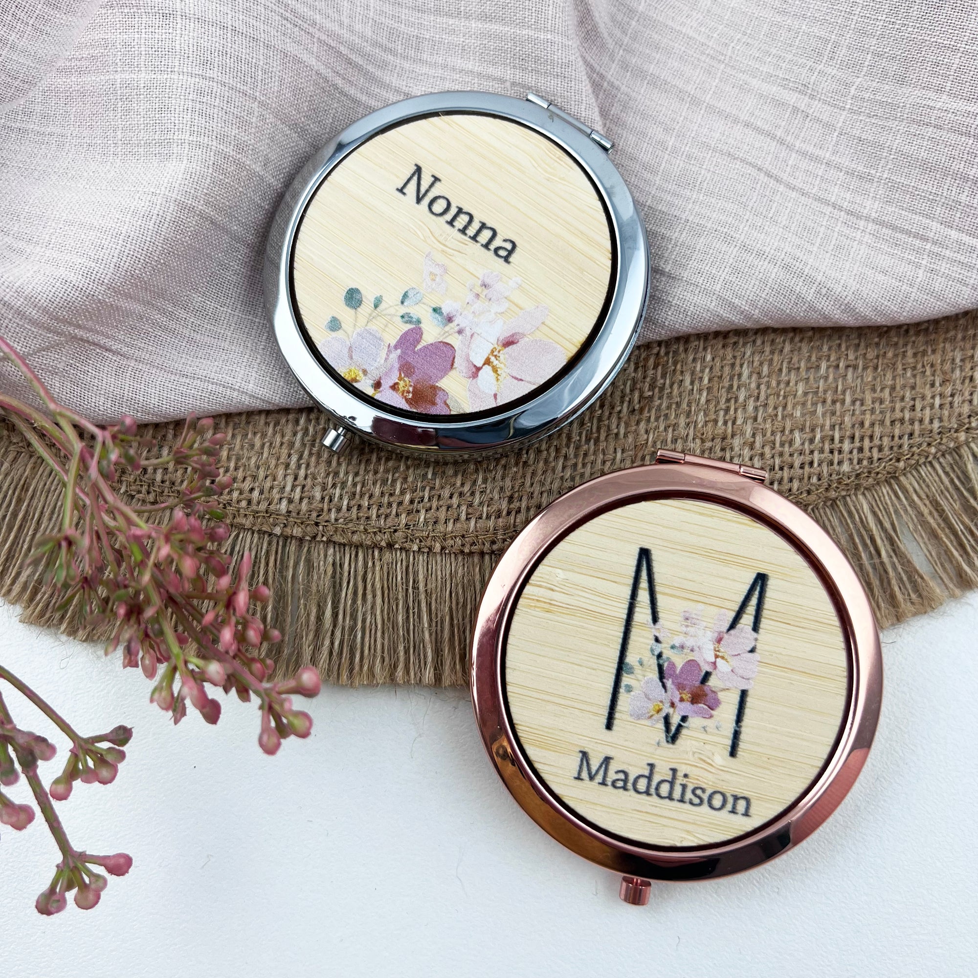 Personalised Bamboo Floral Compact Mirror (Rose Gold & Silver)