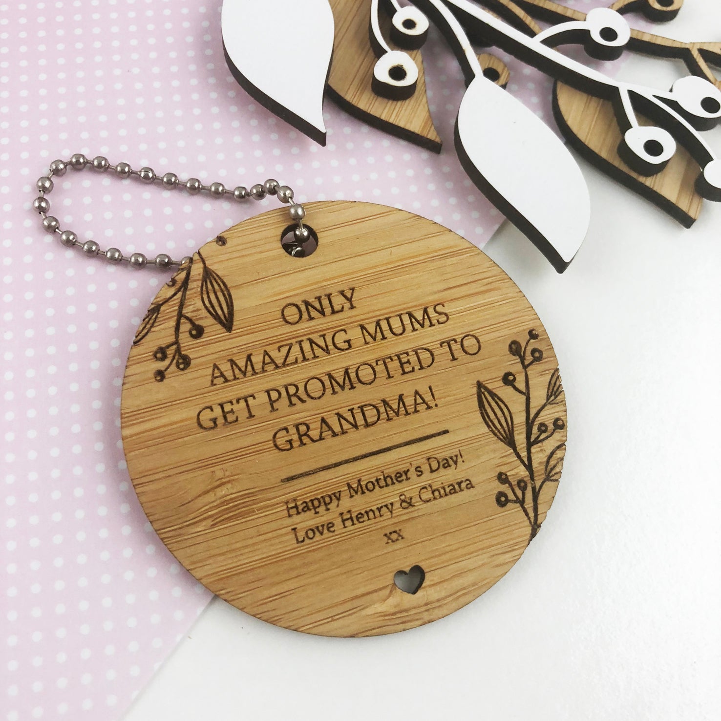 Personalised Round Flourish Bamboo Keyring