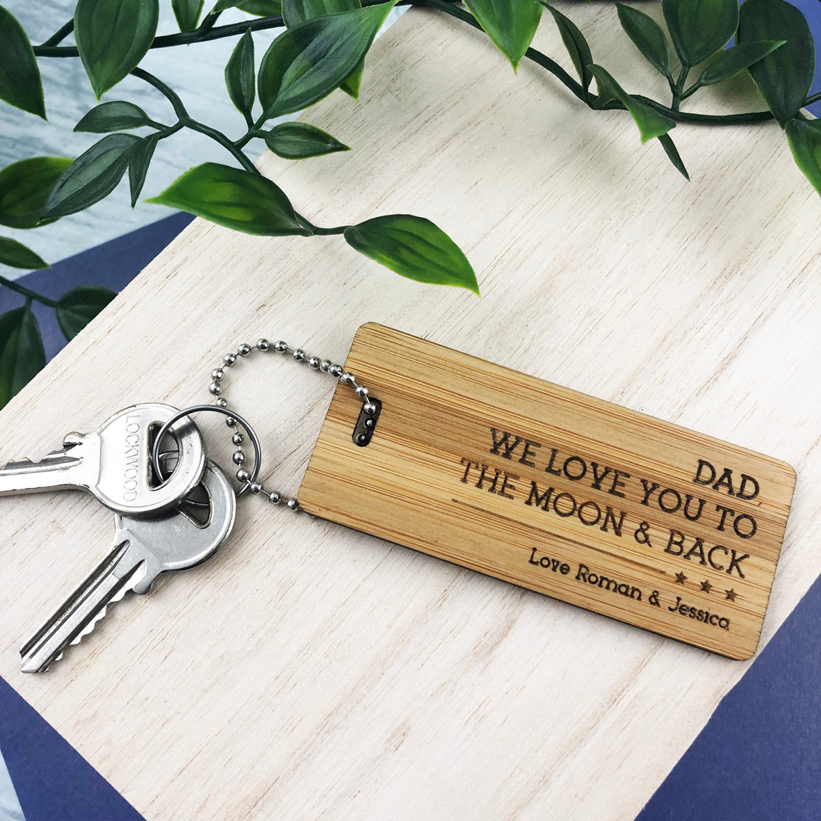 Personalised Stars Rectangle Bamboo Keyring