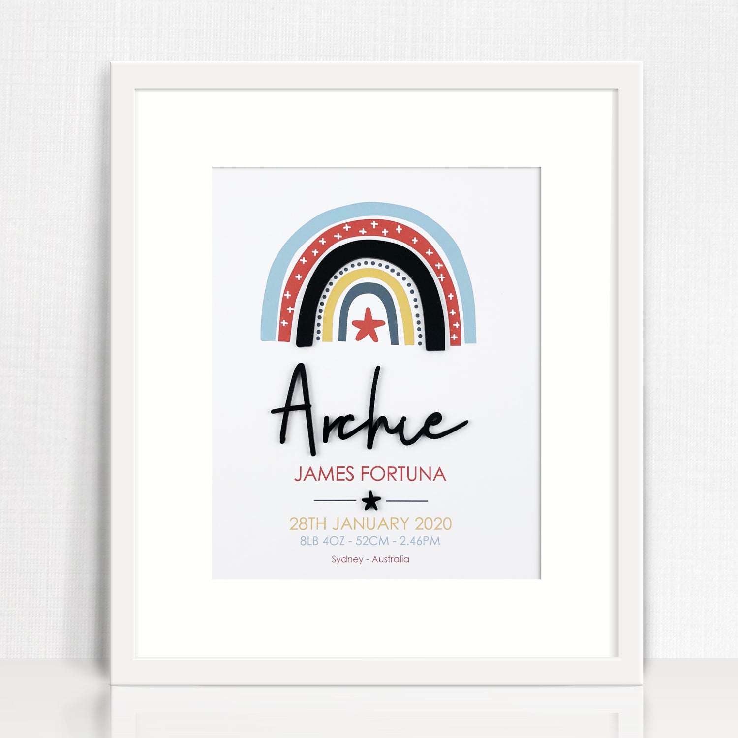 Acrylic (Black) Boys Rainbow 3D Personalised Birth Print