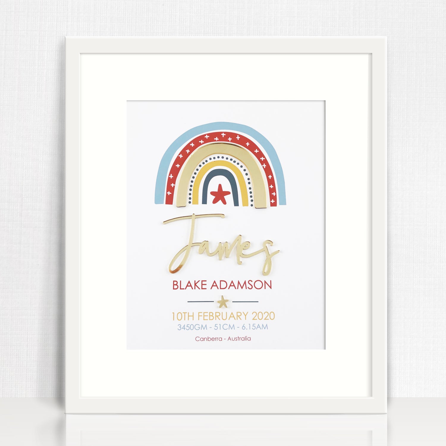Mirror (Gold) Boys Rainbow 3D Personalised Birth Print