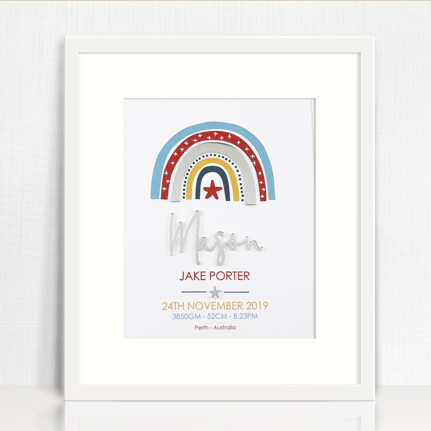 Mirror (Silver) Boys Rainbow 3D Personalised Birth Print