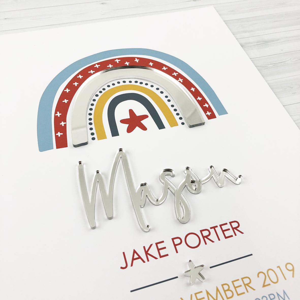 Mirror (Silver) Boys Rainbow 3D Personalised Birth Print