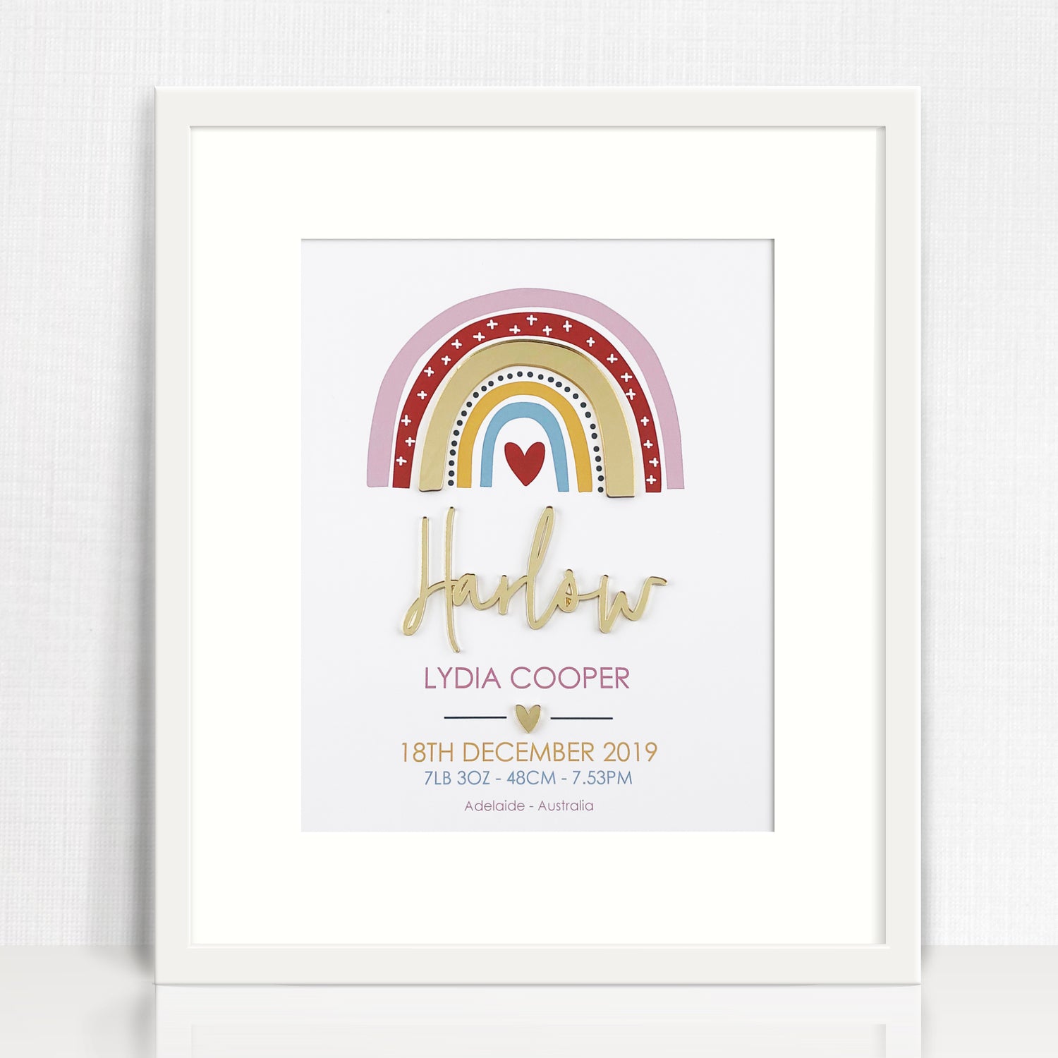 Mirror (Gold) Girls Rainbow 3D Personalised Birth Print