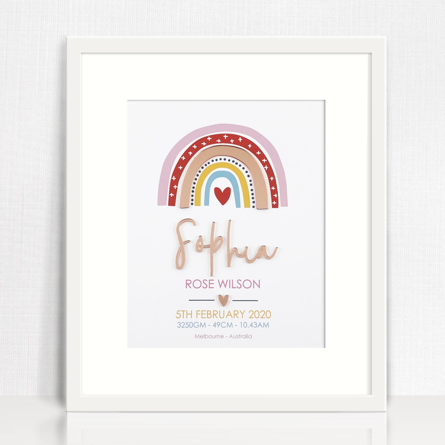 Mirror (Rose Gold) Girls Rainbow 3D Personalised Birth Print