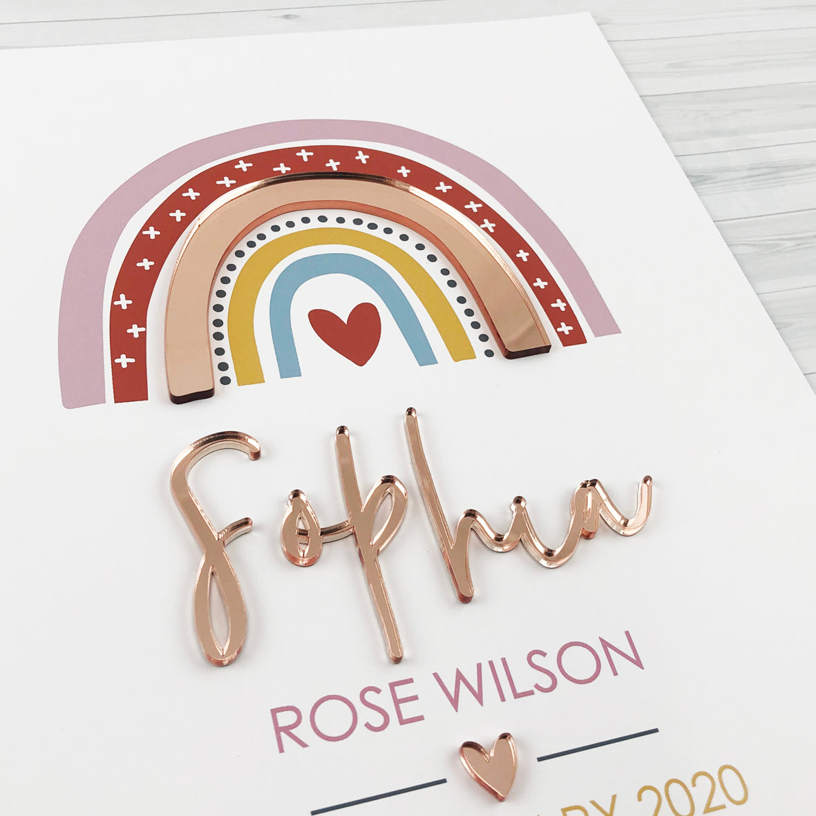 Mirror (Rose Gold) Girls Rainbow 3D Personalised Birth Print