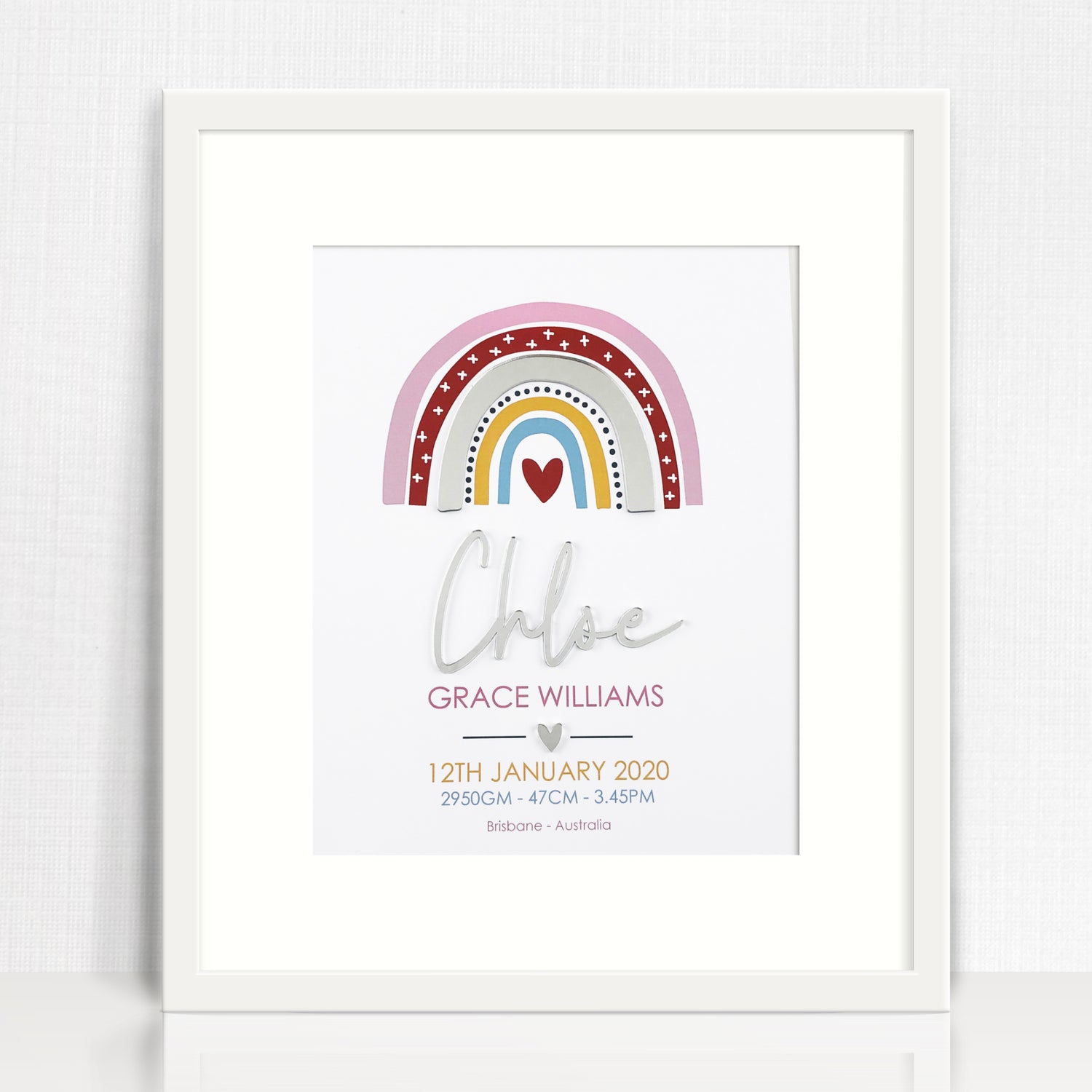Mirror (Silver) Girls Rainbow 3D Personalised Birth Print