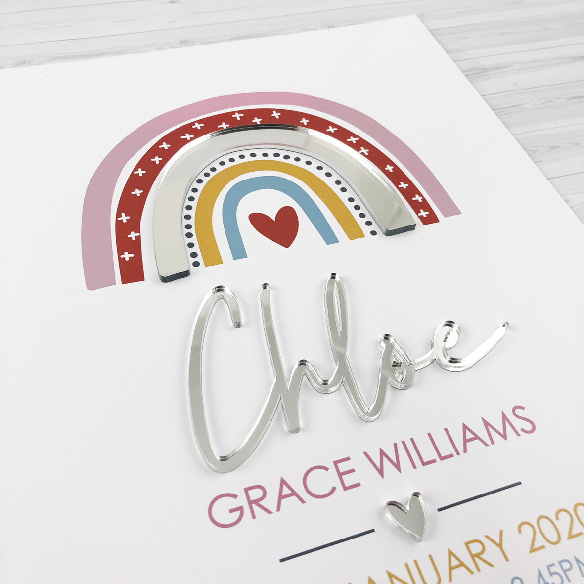 Mirror (Silver) Girls Rainbow 3D Personalised Birth Print